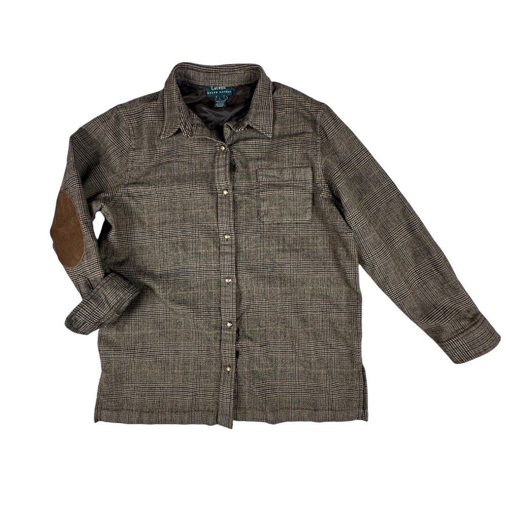 Lauren Ralph Lauren Womens Large Wool Blend Plaid Shirt Jacket W/ Suede Elbow Pa